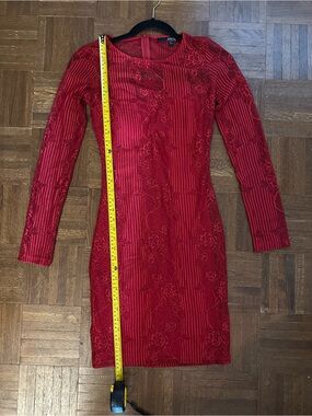 Guess Red Long-Sleeve Lace-Detail Sheath Dress